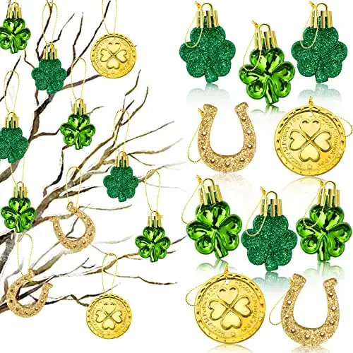 St. Patricks Day Decorations Shamrock Ornaments - 48pcs Shamrock Clover Gold Coins Horseshoe Tree Ornaments for Spring Lucky Irish Day St Patrick's Day Home Table Tree Party Hanging Decorations