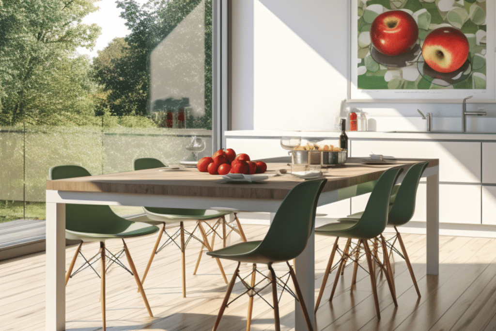 Apple kitchen decor ideas with green chairs