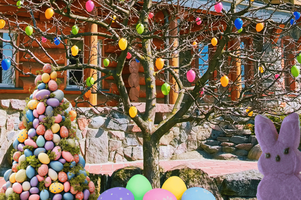 Easter Front Porch Decor Ideas eggs on trees and peeps