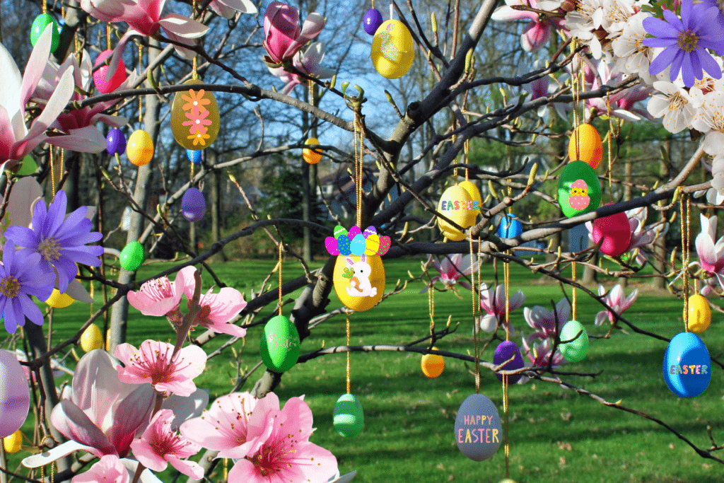 Easter Front Porch Decor Ideas lots of hanging eggs and flowers
