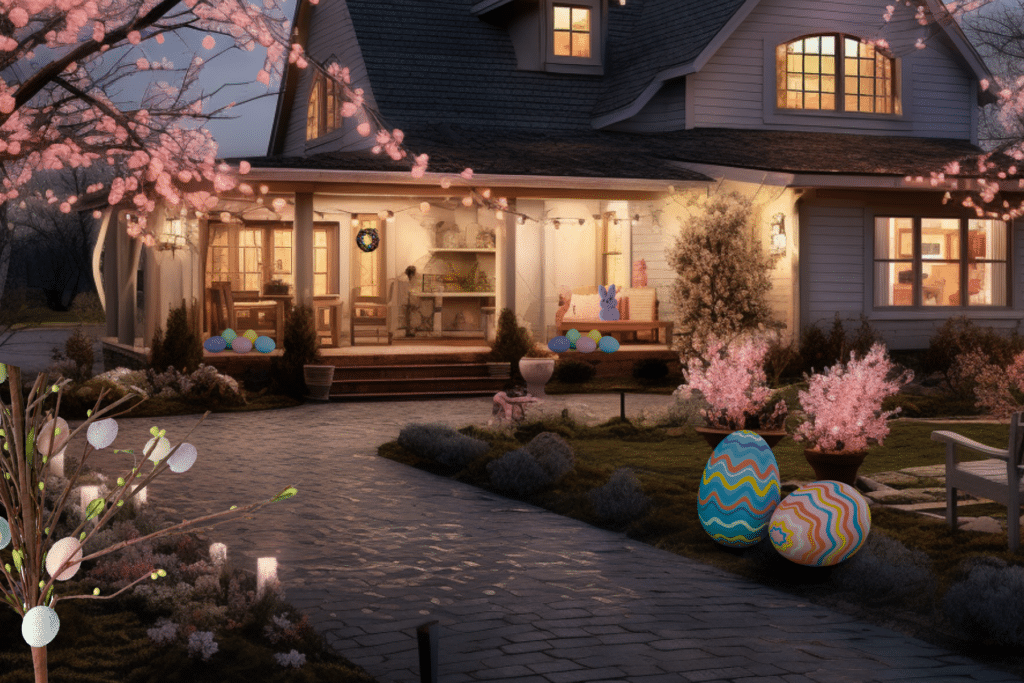 Easter Front Porch Decor lighted walkway at night