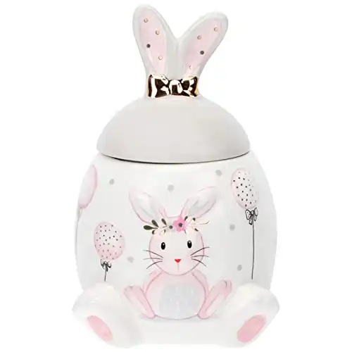 DOITOOL 1Pcs Ceramics Easter Bunny Cookie Jar, Pastel Pink Canister With Bunny Ears Lid, Decorative Easter Holiday Ceramic Cookie Jar with Airtight Lid for Easter Home Kitchen Birthday Gifts Arts