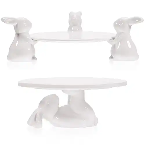 2 Set Bunny Cake Stand Ceramic Cupcake Stand Cute Bunny Cupcake Cake Holder Bunny Cake Plates Bunny Candy Dish Bunny Ceramic Dessert Tray for Party Serving Birthday Gift Easter, White