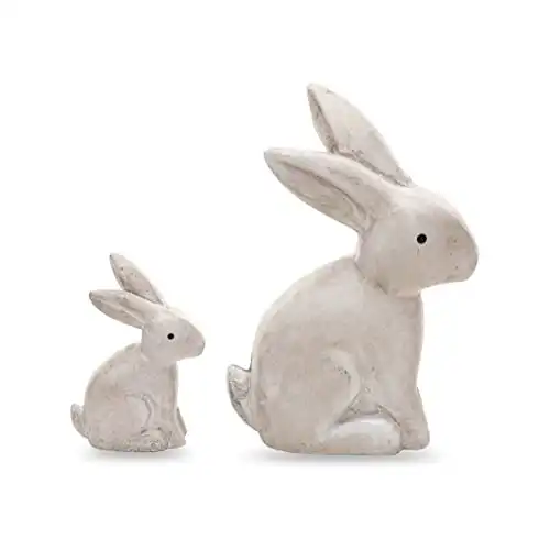 DN DECONATION Wooden Antique White 3D Bunny Rabbit Figurines for Spring Easter Decor Gift Set of 2