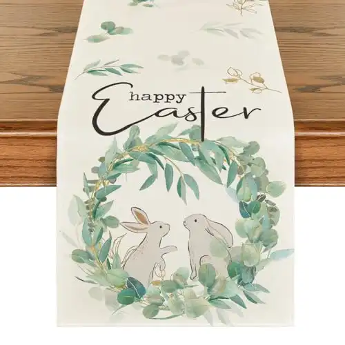 Artoid Mode Garland Eucalyptus Bunny Rabbit Happy Easter Table Runner, Seasonal Spring Kitchen Dining Table Decoration for Home Party Decor 13x72 Inch