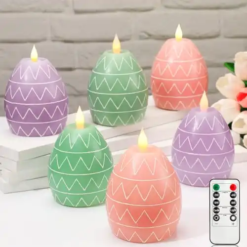 MTLEE 6 Pcs Easter Egg Flameless Candles, Real Wax Carved LED Candle, Scented 3 Color Egg Shape Flame Candle Set with Remote Timer for Home Living Room Bedroom Party Decoration Centerpiece
