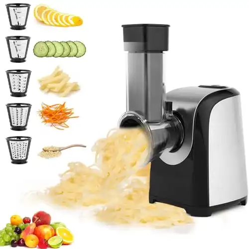 Electric Cheese Grater,Professional Electric Slicer Shredder,150W 5 in 1 Electric Salad Machine for Fruits, Vegetables, Cheeses, Salad Maker with 5 Free Attachments for Home Kitchen Use