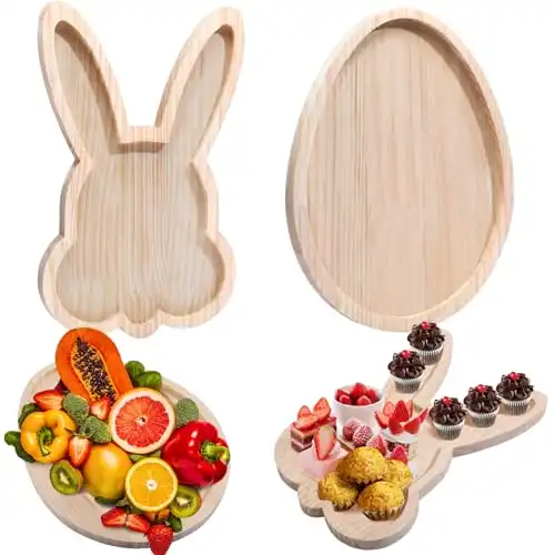 Singhoow 2 Pcs Easter Bunny Charcuterie Boards Egg Wooden Serving Platter Rustic Decorative Rabbit Salad Plates Wood Tray for Dinner Dessert Appetizer Candy Bread Display Parties Holidays Decoration
