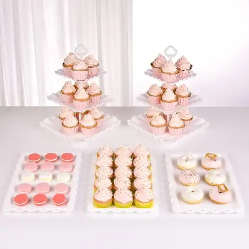 NWK 5 Piece Cake Stand Set with 2xLarge 3-Tier Cupcake Stands + 3X Appetizer Trays Perfect for Wedding Birthday Baby Shower Tea Party