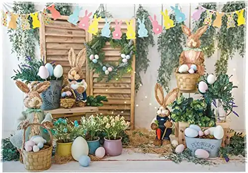 Swepuck 10x8ft Spring Easter Photography Backdrop Garden Bunny Colorful Eggs Flower Stand Background Rabbit Flag Baby Kids Portrait Photo Tapestry Booth Props