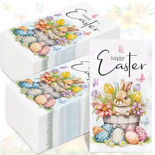 AnyDesign 50 Sheet Happy Easter Guest Napkins Bunny Flower Easter Eggs Disposable Decorative Hand Paper Napkin Towel for Bathroom Party Supplies Table Decor, 15.7 x 13 Inch