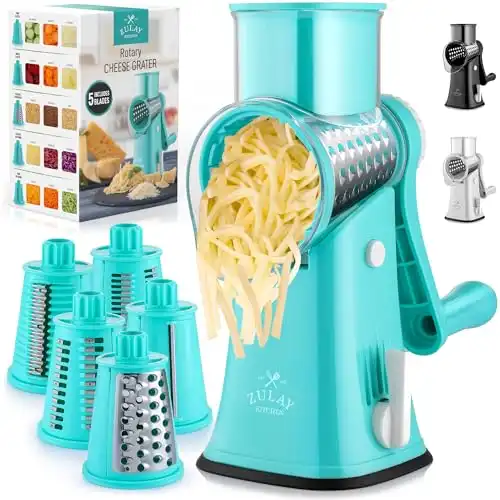 Rotary Cheese Grater with Handle & Upgraded Suction Base - Cheese Shredder with 5 Interchangeable Stainless Steel Blades - Multifunctional Vegetable Cutter & Nut Grinder with Blade Storage Box...