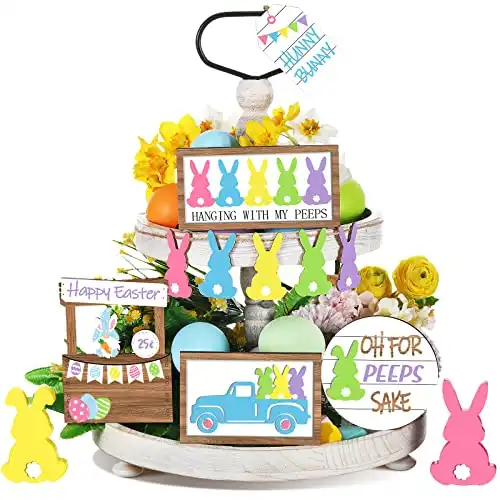 12 Pcs Easter Tiered Tray Decor Set Easter Bunny Wood Sign Rustic Farmhouse Decor Tiered Tray Decorative Trays Signs for Easter Table Holiday