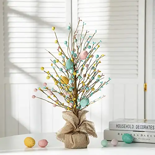 Glitzhome 18”H Easter Eggs Table Tree with Burlap Base Decorative Tree Table Centerpiece for Easter Great Festival Home Decor for Easter Party