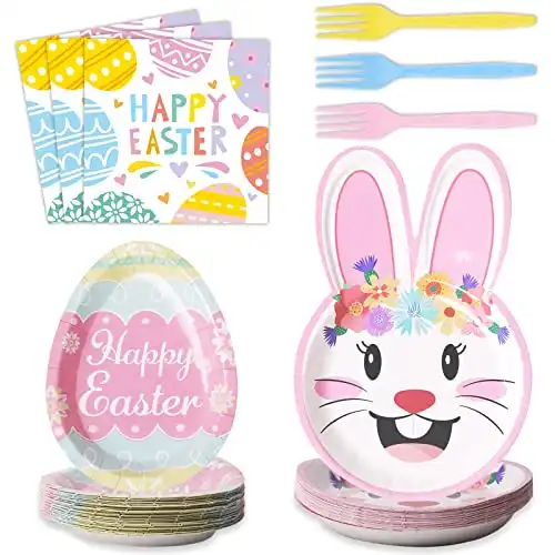 96PCS Easter Tableware Bunny Egg Shaped Party Supplies Colorful Easter Eggs Hunt Party Decorations Disposable Dinnerware Plates Napkins Forks for Easter Spring Holiday Party Favors