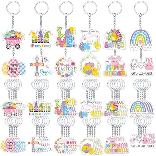 Kigeli 60 Pcs Easter Party Favor Keychains Easter Egg Gnome Bunny Key Ring for Kids Cross Ornament for Tree Adults Gifts Bag