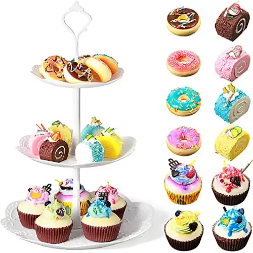 13 Pieces, White 3 Tier Cupcake Stand, Realistic Artificial Toy Donuts Assorted Scented Fake Cake Desserts Decoration Toys Small Fake Cupcake Model Photography Props for Kitchen Home Decoration Crafts