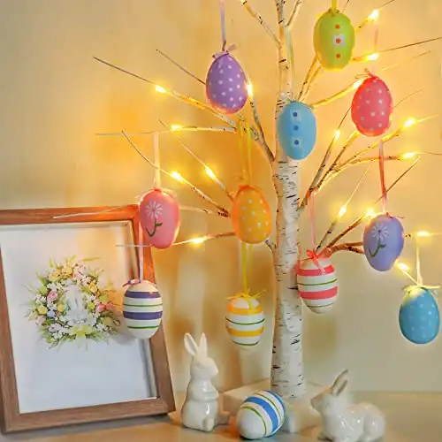 Bunny Chorus Easter Decorations 23.2" Lighted Birch Tree with 12pcs Colored Egg Tree Ornaments, Easter Table Decor with Lights, Kids School Party Supplies Gifts, Spring Decorations for Home