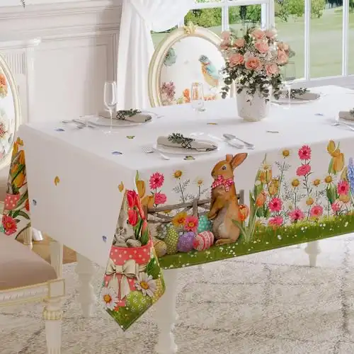 Softalker Easter Rectangle Tablecloth, Spring Flower Bunny Stain Resistant Wrinkle Free Table Covers for Spring Dinner Picnic Holiday Party Indoor Outdoor Decor - 60 x 84 Inch, White