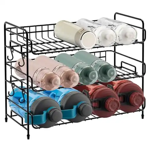 Mefirt Water Bottle Organizer, 3-Tier Water Bottle Organizer for Cabinet, Tumbler Travel Cup Holder, Pantry Kitchen Stackable Storage Rack for Shaker Bottle, Baby Bottle, Wine, Can, Cup, Drying Rack