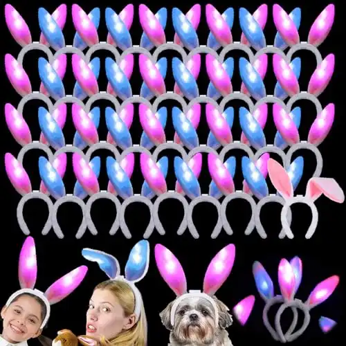 Hanaive 36 Pcs Easter Light up Bunny Ears Headband LED Plush Rabbit Ear Bulk Girl Easter Holiday Party Costume Accessories(Pink, Blue)