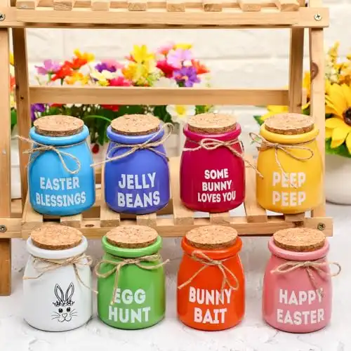Domensi 8 Pcs Easter Mini Mason Jar Easter Centerpiece for Table Bunny Glass Jars with Rope Easter Tiered Tray Decoration Rustic Spring Farmhouse Supplies Decorative Jars for Kitchen Easter Party