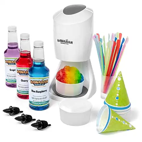 Hawaiian Shaved Ice Machine Kit - 3 Flavors, 25 Cups, Straws, Pourers, Ice Molds
