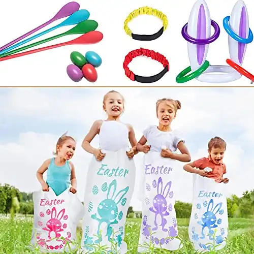 4 Players Easter Outdoor Party Games for Kids and Family - Potato Sack Race Jumping Bags, Legged Relay Race Bands, Egg and Spoon Race and Inflatable Bunny Ring Toss Games - Easter Party Supplies
