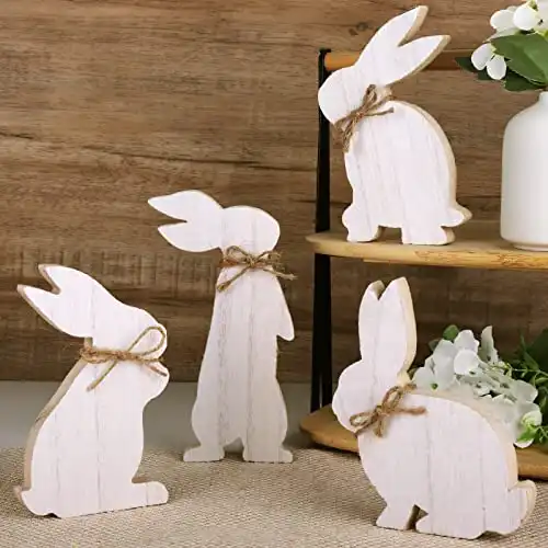 Treory Easter Decorations for the Home: 4 pcs Easter Bunny Natural Wooden Table Centerpiece Signs Easter Decor Rustic Freestanding Tabletop for Home Tiered Tray Decor Farmhouse Decor for Easter Gifts