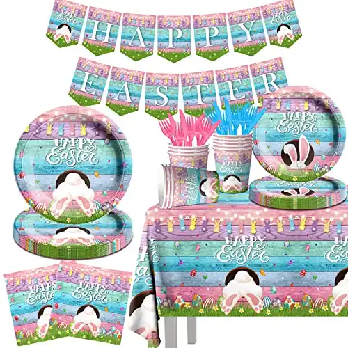 Easter Party Supplies-Happy Easter Tableware Set,142pcs Colorful Bunny Easter Supplies Include Plates Cups Napkins and Tablecloth for Spring Easter Party (Tableware)