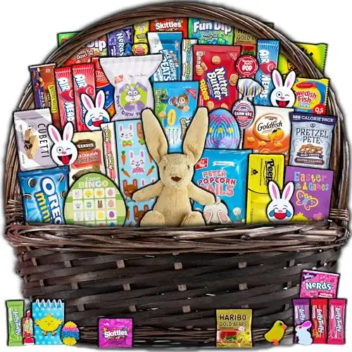 Brown Easter Basket for Kids and Adults (45ct) Already Filled Easter Gift Basket with Plush Easter Bunny, Candy, Snacks, and Treats - Boys, Girls, Grandchildren, Young Children, Toddlers, Men, Women