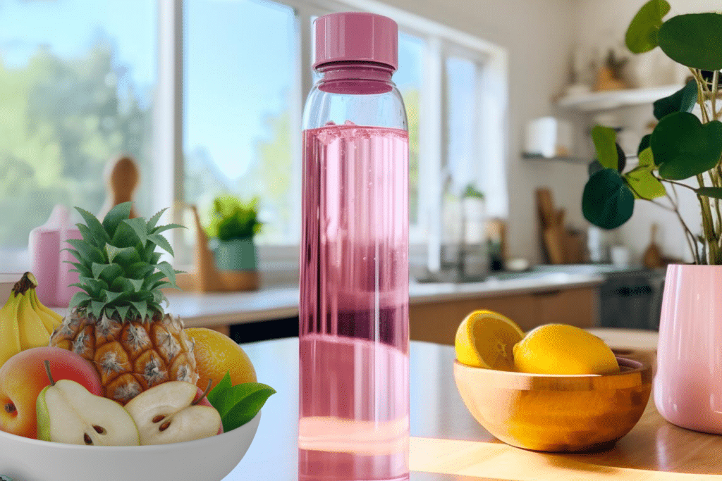 water bottle storage and organization ideas with a pink water bottle