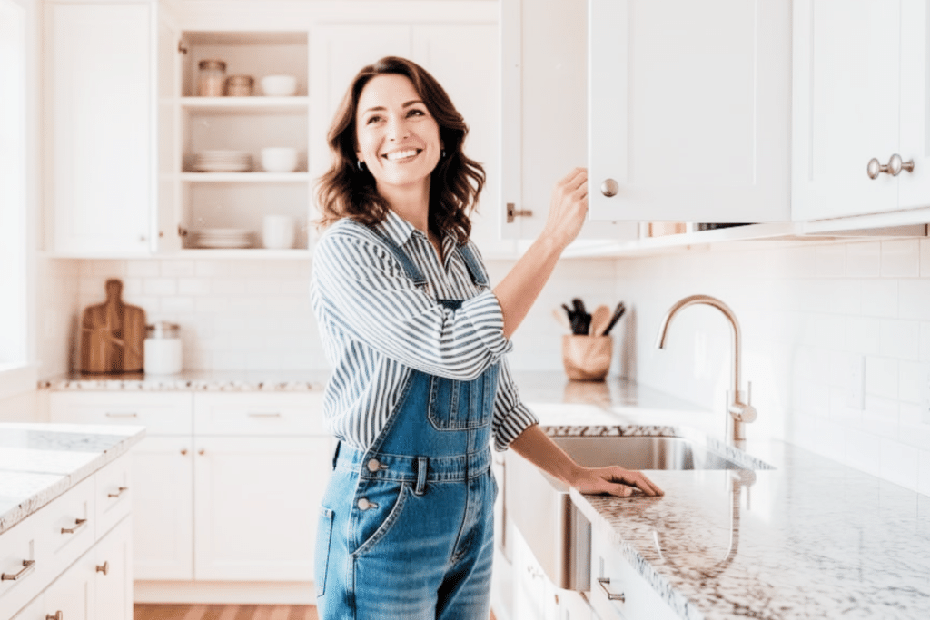 A brown haired woman is choosing the right spot for pots and pans in a modern farmhouse style kitchen