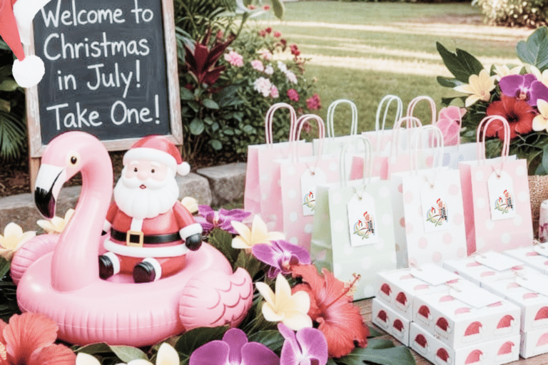 Christmas in July Party Favors table for guests to love