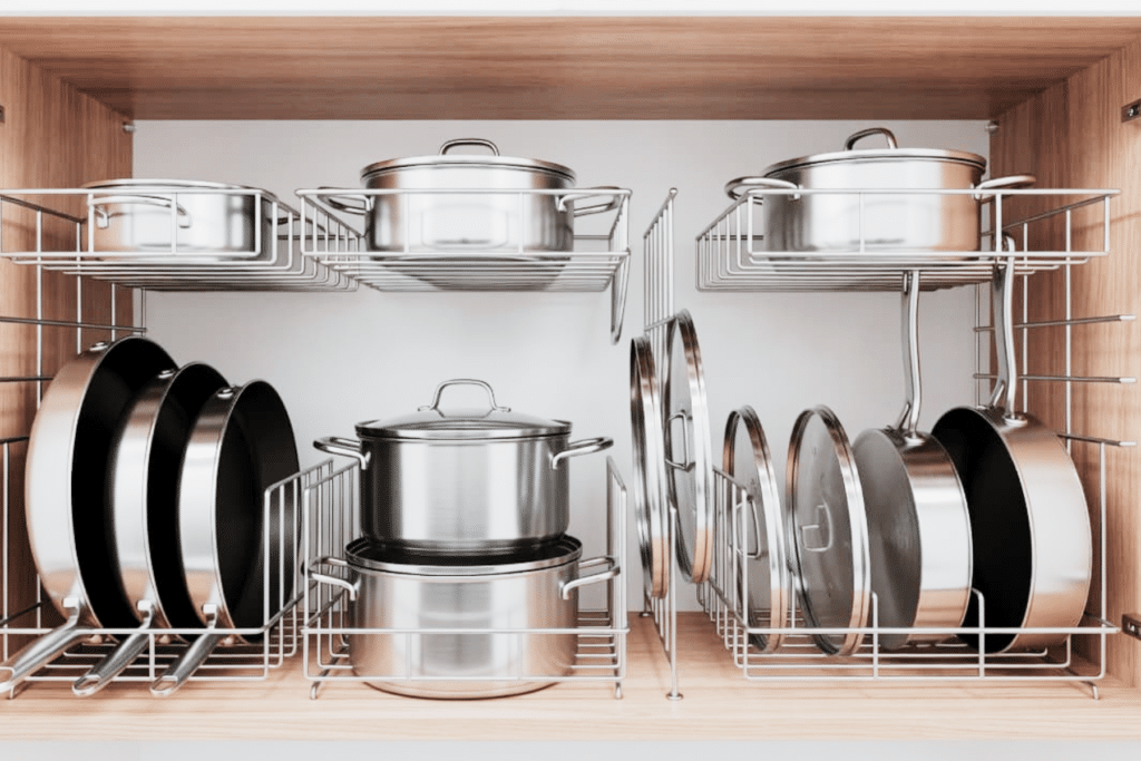 bulky or seasonal pieces to less-used storage for pots and pans