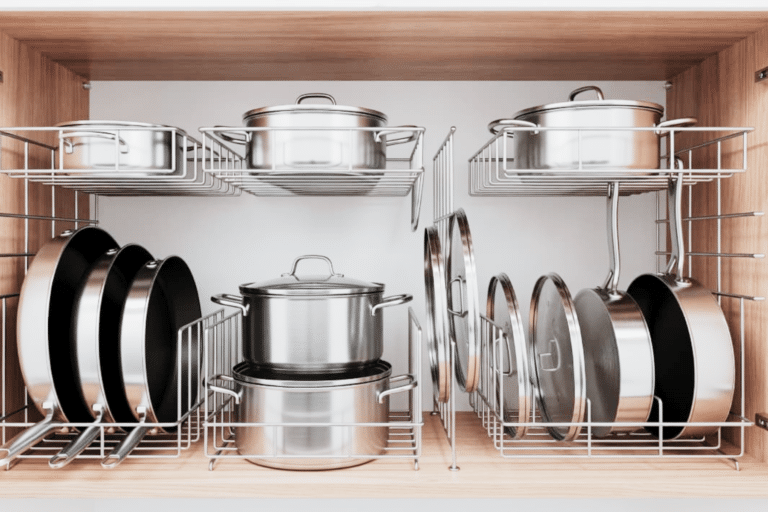 bulky or seasonal pieces to less-used storage for pots and pans
