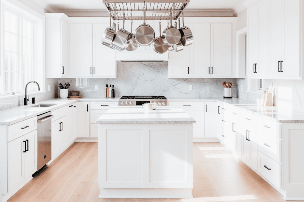 ceiling rack for pots and pans above kitchen island for easy storage and clever solutions