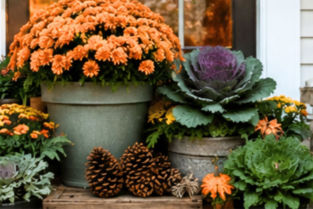Add fall flowers, branches, and natural texture
