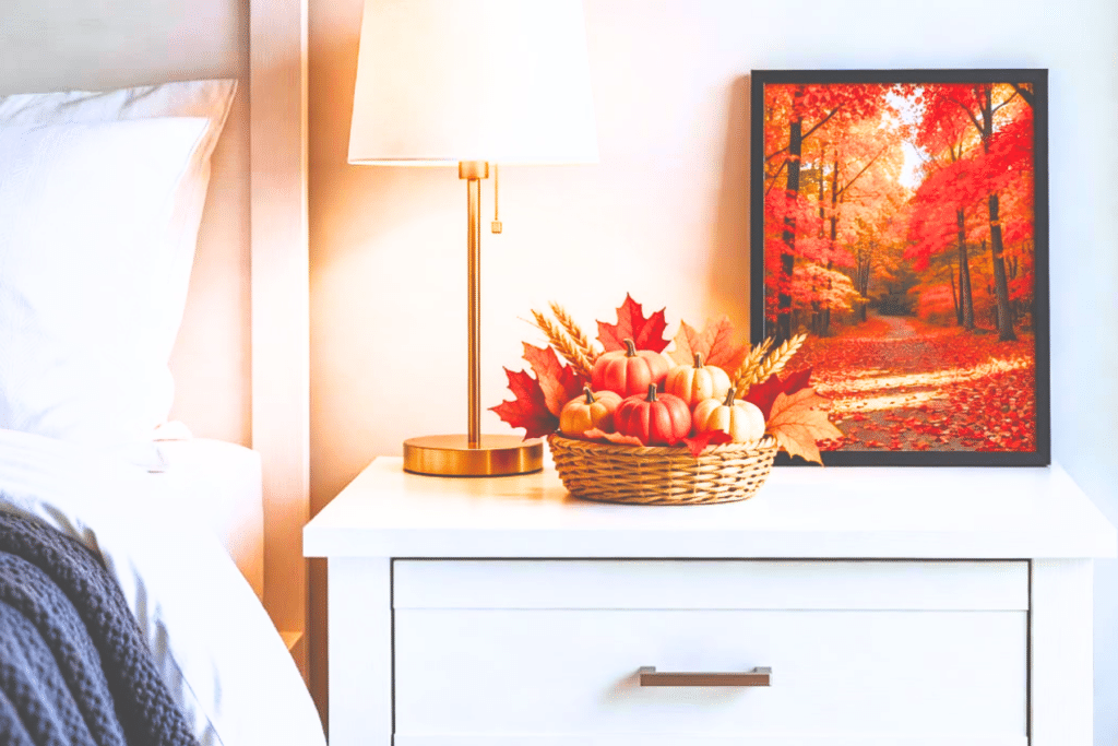 Fall Bedroom Decor with a touch of decorations on the nightstand