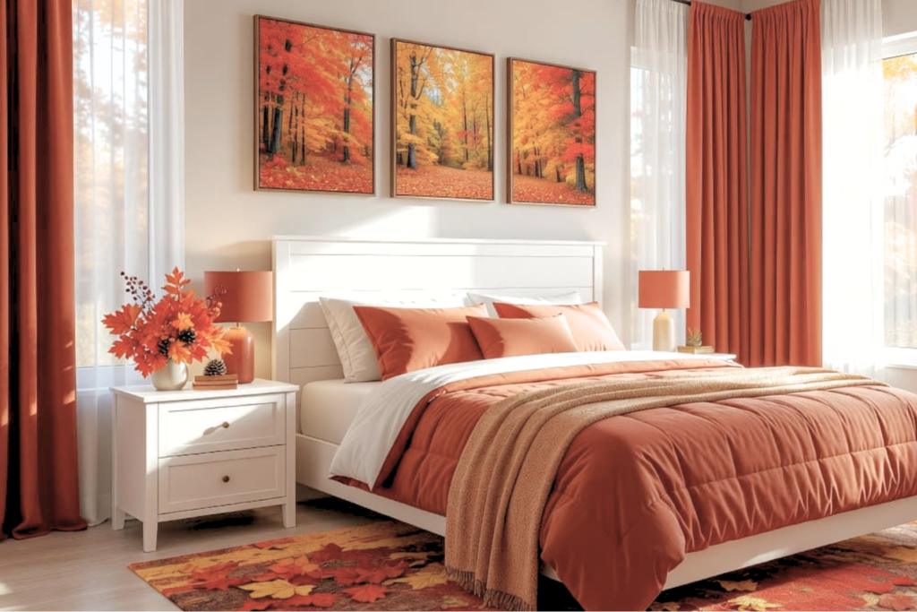 Fall Bedroom Decor with framed art above the bed