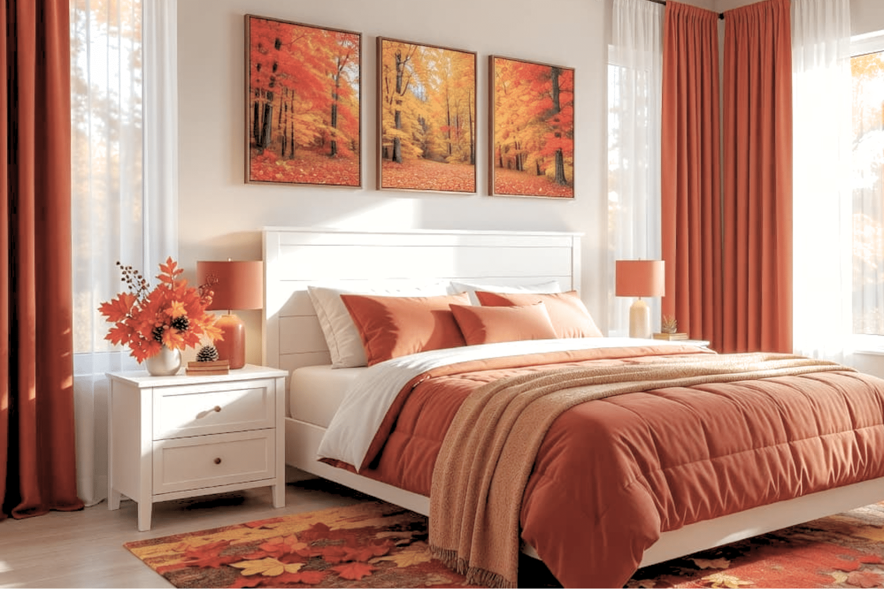 Fall Bedroom Decor with framed art above the bed