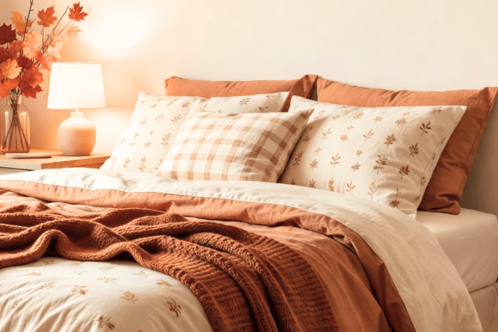 Fall Bedroom Decor with printed sheets